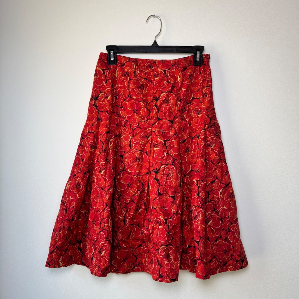 Vintage Harold's Floral Pleated Midi Skirt A-Line Red Women's size 4 Cotton